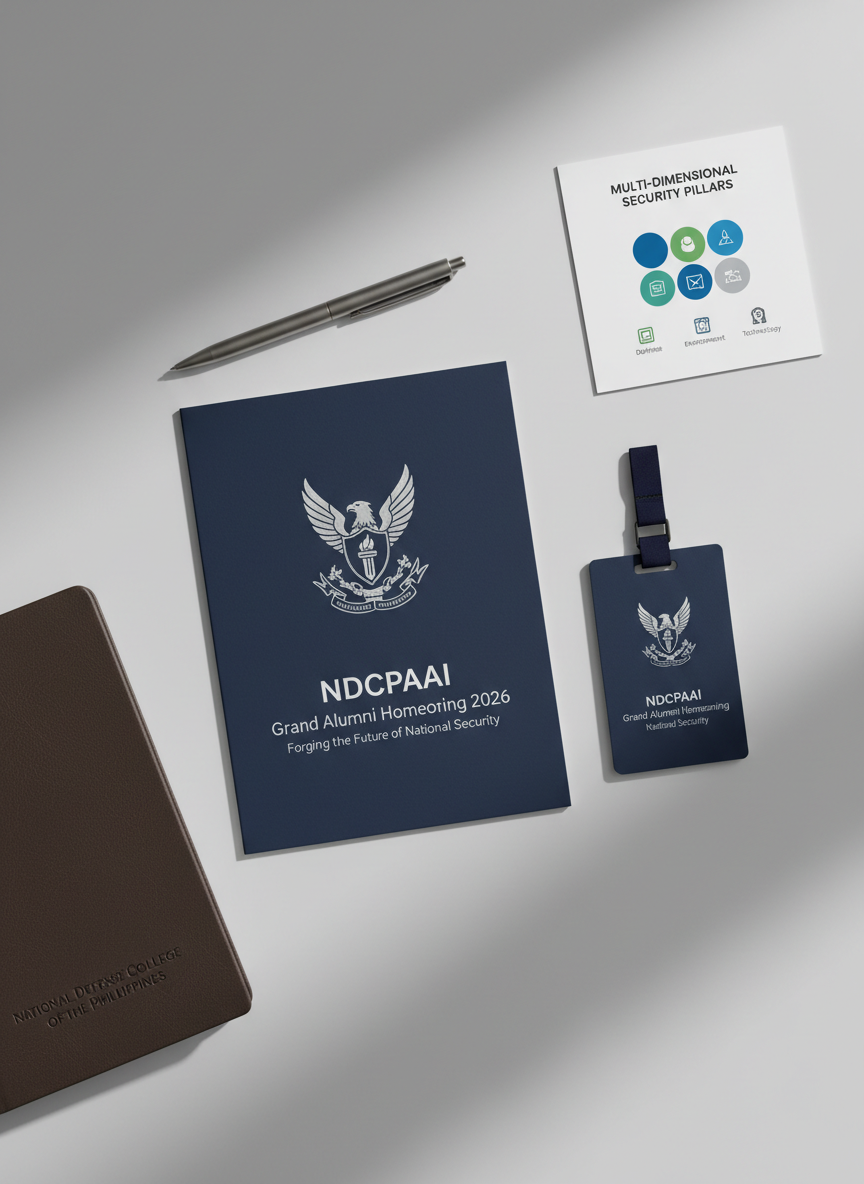 A detailed flat-lay composition of official NDCPAAI Grand Alumni Homecoming 2026 materials arranged on a smooth, light gray desk surface. A heavyweight invitation card with a matte navy background, embossed silver emblem, and clean sans-serif typography sits centrally, accompanied by a matching lanyard badge, a slim brushed-steel pen, and a structured leather notebook subtly debossed with “National Defense College of the Philippines.” In the corner, a minimalist infographic card illustrates multi-dimensional security pillars using simple geometric icons. Soft, diffused studio lighting from the upper left creates gentle shadows and crisp highlights along paper edges and metallic accents. The overhead, perfectly centered shot emphasizes order and clarity, with a modern, minimalist, photographic look suitable for corporate branding.