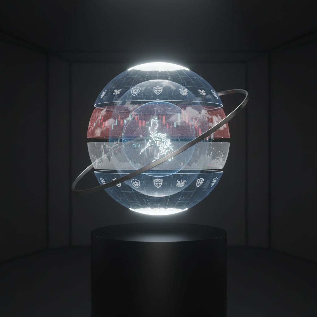 A sophisticated visual metaphor for multi-dimensional security, showing a transparent layered globe hovering above a matte black pedestal in a dark, minimalist room. Each layer of the globe is rendered in translucent tones of blue, gray, and muted red, representing cyber, economic, environmental, and defense dimensions, with fine, glowing grid lines intersecting across the sphere. Thin, metallic arcs encircle the globe like protective orbits. A subtle outline of the Philippine archipelago is suspended at the globe’s core. Focused cool-white spotlights from above and behind create a precise rim light around the edges, while the rest of the space remains in controlled shadow. Captured at a three-quarter angle with a clean, balanced composition, the image exudes a refined, analytical, photographic realism aligned with high-level policy discussions.