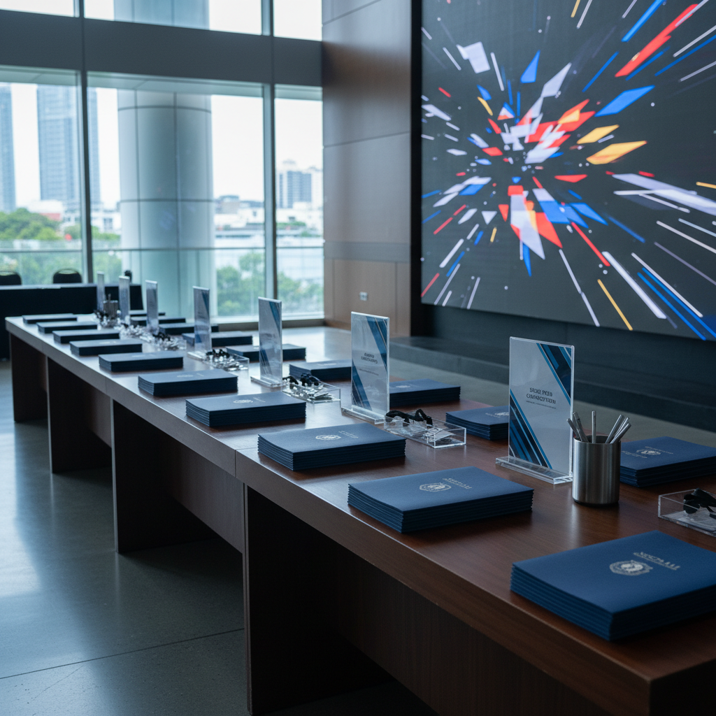 A meticulously arranged registration table for the “NDCPAAI Grand Alumni Homecoming 2026” in a modern convention lobby, featuring a long dark wood counter with neatly stacked matte navy folders embossed with a subtle silver shield emblem and the event title. Discreet acrylic tabletop signage references multi-dimensional security themes alongside minimalist name badge trays and a brushed-metal pen holder. The background shows clean architectural lines, glass walls, and a large, out-of-focus digital screen displaying an abstract Philippine flag color motif. Cool, diffused overhead lighting and daylight from side windows create gentle reflections on the polished floor. Shot at eye level with a slightly wide angle, the composition is balanced and corporate, with photographic realism and a calm, professional atmosphere.