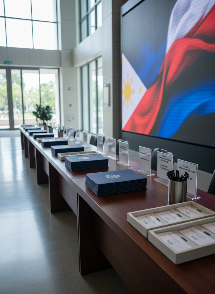 A meticulously arranged registration table for the “NDCPAAI Grand Alumni Homecoming 2026” in a modern convention lobby, featuring a long dark wood counter with neatly stacked matte navy folders embossed with a subtle silver shield emblem and the event title. Discreet acrylic tabletop signage references multi-dimensional security themes alongside minimalist name badge trays and a brushed-metal pen holder. The background shows clean architectural lines, glass walls, and a large, out-of-focus digital screen displaying an abstract Philippine flag color motif. Cool, diffused overhead lighting and daylight from side windows create gentle reflections on the polished floor. Shot at eye level with a slightly wide angle, the composition is balanced and corporate, with photographic realism and a calm, professional atmosphere.