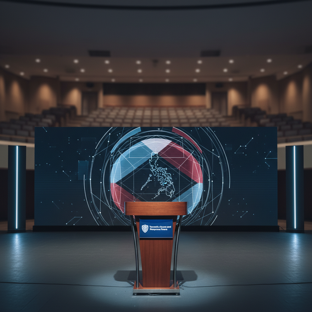 A polished conference stage setup in an auditorium, showing a wide, curved dark wood podium with a small embedded display reading “Towards a Secure and Prosperous Future” and a stylized shield logo. Behind it, a large ultra-wide LED screen presents a clean, abstract visualization of multi-dimensional security: interlocking translucent layers in muted blues, grays, and subtle reds forming a protective sphere over a simplified map of the Philippines. The stage floor is matte charcoal, framed by minimalist vertical light panels. Soft, cool-toned stage lighting highlights the podium’s edges while the rest of the hall fades into a tasteful blur. Captured from a slightly low, centered angle for authority, with sharp focus on the stage and a structured, corporate photographic style.
