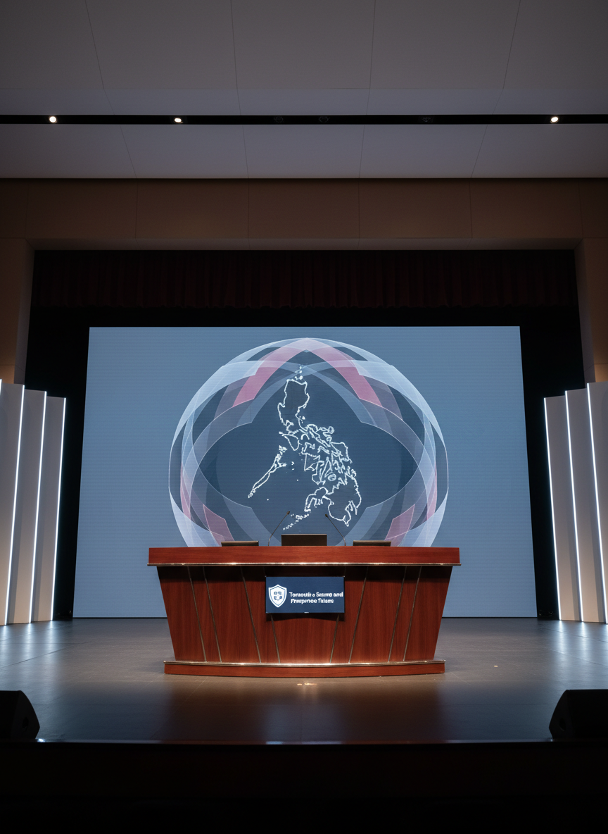 A polished conference stage setup in an auditorium, showing a wide, curved dark wood podium with a small embedded display reading “Towards a Secure and Prosperous Future” and a stylized shield logo. Behind it, a large ultra-wide LED screen presents a clean, abstract visualization of multi-dimensional security: interlocking translucent layers in muted blues, grays, and subtle reds forming a protective sphere over a simplified map of the Philippines. The stage floor is matte charcoal, framed by minimalist vertical light panels. Soft, cool-toned stage lighting highlights the podium’s edges while the rest of the hall fades into a tasteful blur. Captured from a slightly low, centered angle for authority, with sharp focus on the stage and a structured, corporate photographic style.