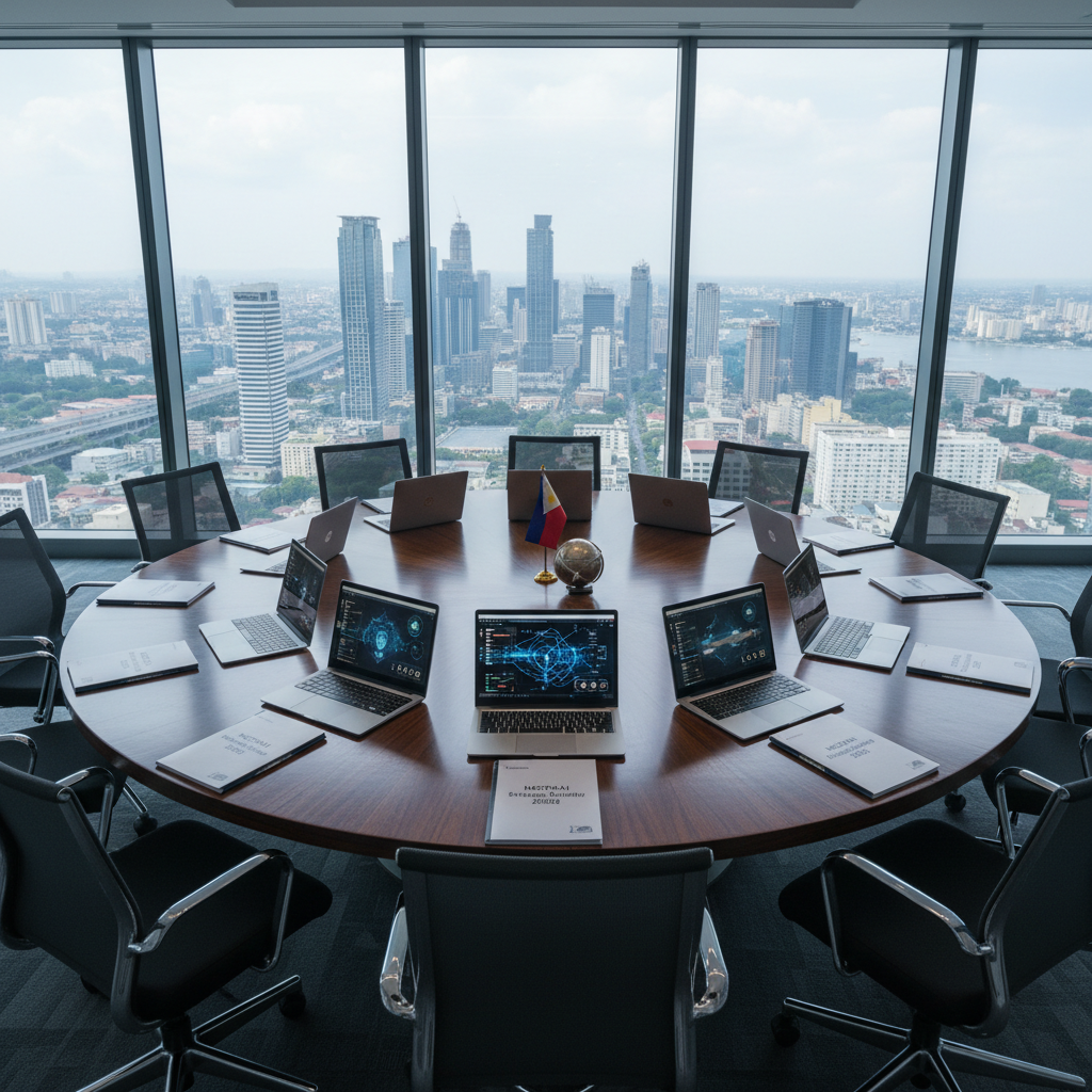 A modern roundtable meeting scene without people, centered on a large circular dark-wood conference table in a glass-walled boardroom high above a city skyline. On the table, open sleek laptops display dashboards on economic, cyber, and maritime security, alongside neatly aligned briefing folders labeled “NDCPAAI Strategic Fellowship 2026.” A small, discreet Philippine flag desk ornament and a metallic globe accent rest near the center. Soft overcast daylight filters through floor-to-ceiling windows, casting gentle, elongated shadows and cool reflections on the table’s surface. The camera is positioned at a slightly elevated angle, capturing the perfect ring of ergonomic charcoal chairs and the expansive yet orderly environment. The mood is focused and analytical, with clean photographic realism and a neutral, professional palette.