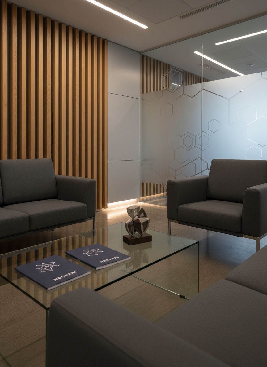 A carefully designed networking lounge for defense professionals, featuring a cluster of low-profile charcoal sofas and angular armchairs arranged around a minimalist glass coffee table. On the table, a few neatly stacked defense and security strategy reports, each with restrained navy and gray covers bearing the NDCPAAI insignia, sit beside a small, sculptural metal centerpiece in the shape of interlocking shields. The background reveals a quiet, structured environment with vertical wooden slats, neutral-toned walls, and a frosted glass partition etched with subtle geometric patterns. Warm but subdued ceiling lighting combines with soft indirect floor lighting, creating elegant highlights on glass and metal surfaces. Shot at eye level with shallow depth of field, the composition feels inviting yet formal, embodying a high-level corporate, photographic aesthetic.