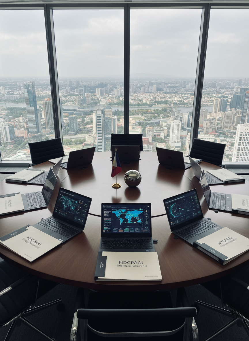 A modern roundtable meeting scene without people, centered on a large circular dark-wood conference table in a glass-walled boardroom high above a city skyline. On the table, open sleek laptops display dashboards on economic, cyber, and maritime security, alongside neatly aligned briefing folders labeled “NDCPAAI Strategic Fellowship 2026.” A small, discreet Philippine flag desk ornament and a metallic globe accent rest near the center. Soft overcast daylight filters through floor-to-ceiling windows, casting gentle, elongated shadows and cool reflections on the table’s surface. The camera is positioned at a slightly elevated angle, capturing the perfect ring of ergonomic charcoal chairs and the expansive yet orderly environment. The mood is focused and analytical, with clean photographic realism and a neutral, professional palette.
